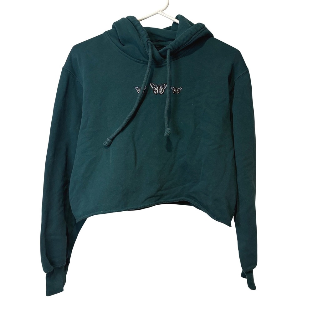 Hollister XS Green Butterfly Embroidered Raw Hem Cropped Hoodie Sweatshirt Indie